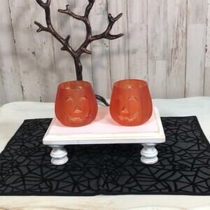 Heavy Orange Glass Pumpkin Jack O’Lantern Votive Candle Holders
